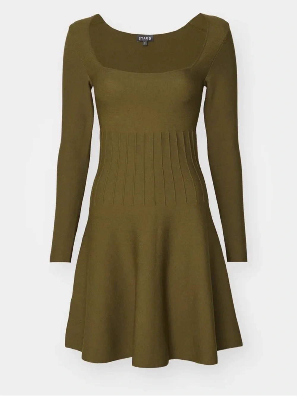 STAUD - Deora Square Knit Long Sleeve Pleated Mini Dress - sergeant green - Med - Picture 2 of 13